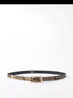 Zara Snake-Print Thin Leather Belt with Gold Buckle - Brown/Black